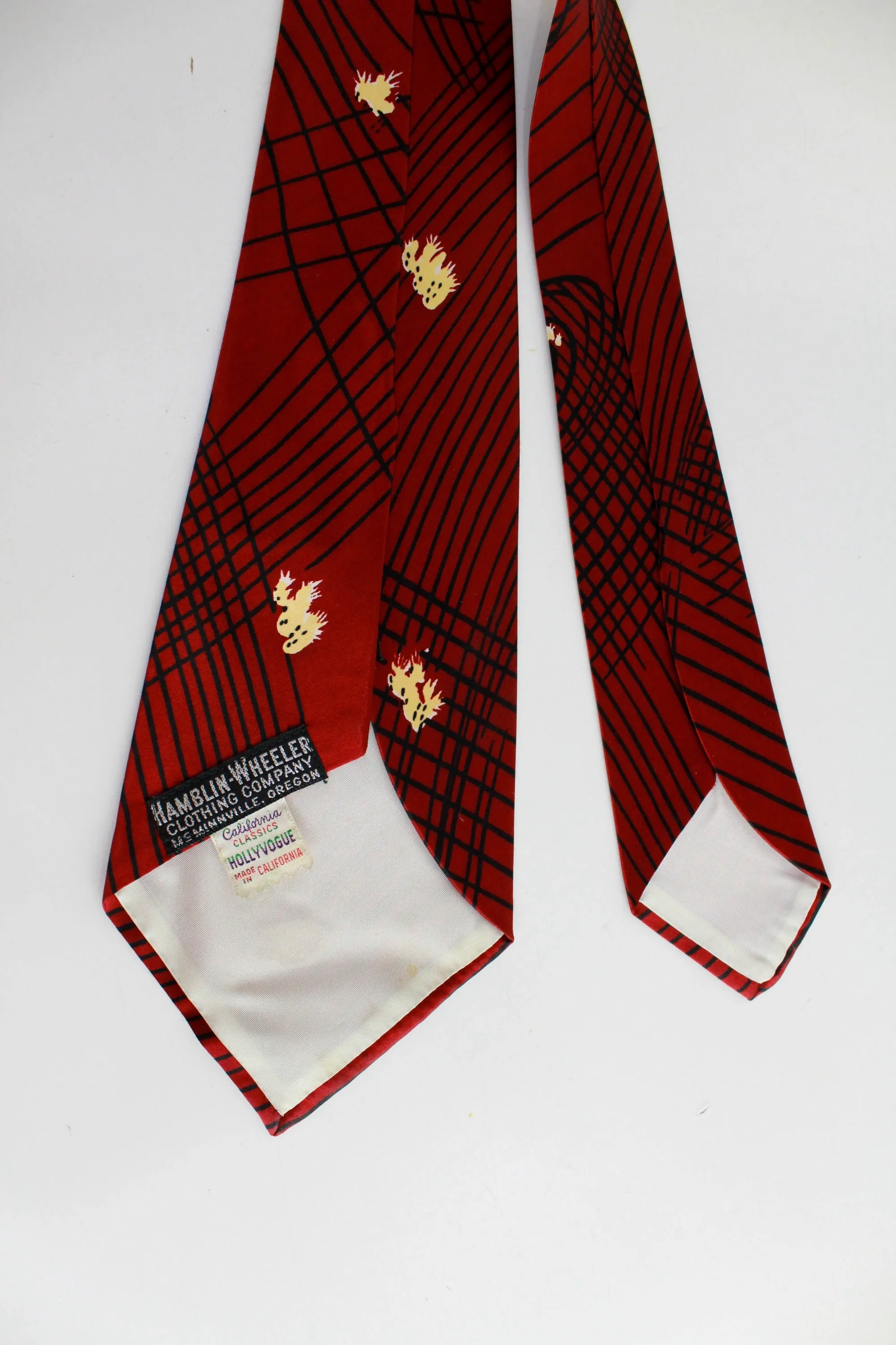 1940s Bold Look Necktie, Wide Tongue, Red Rayon with Cactus Print