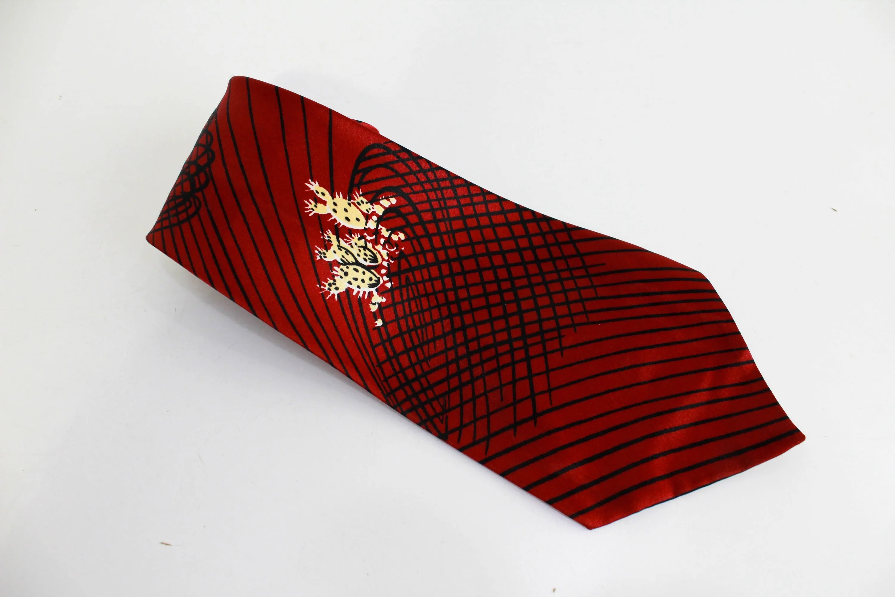 1940s Bold Look Necktie, Wide Tongue, Red Rayon with Cactus Print