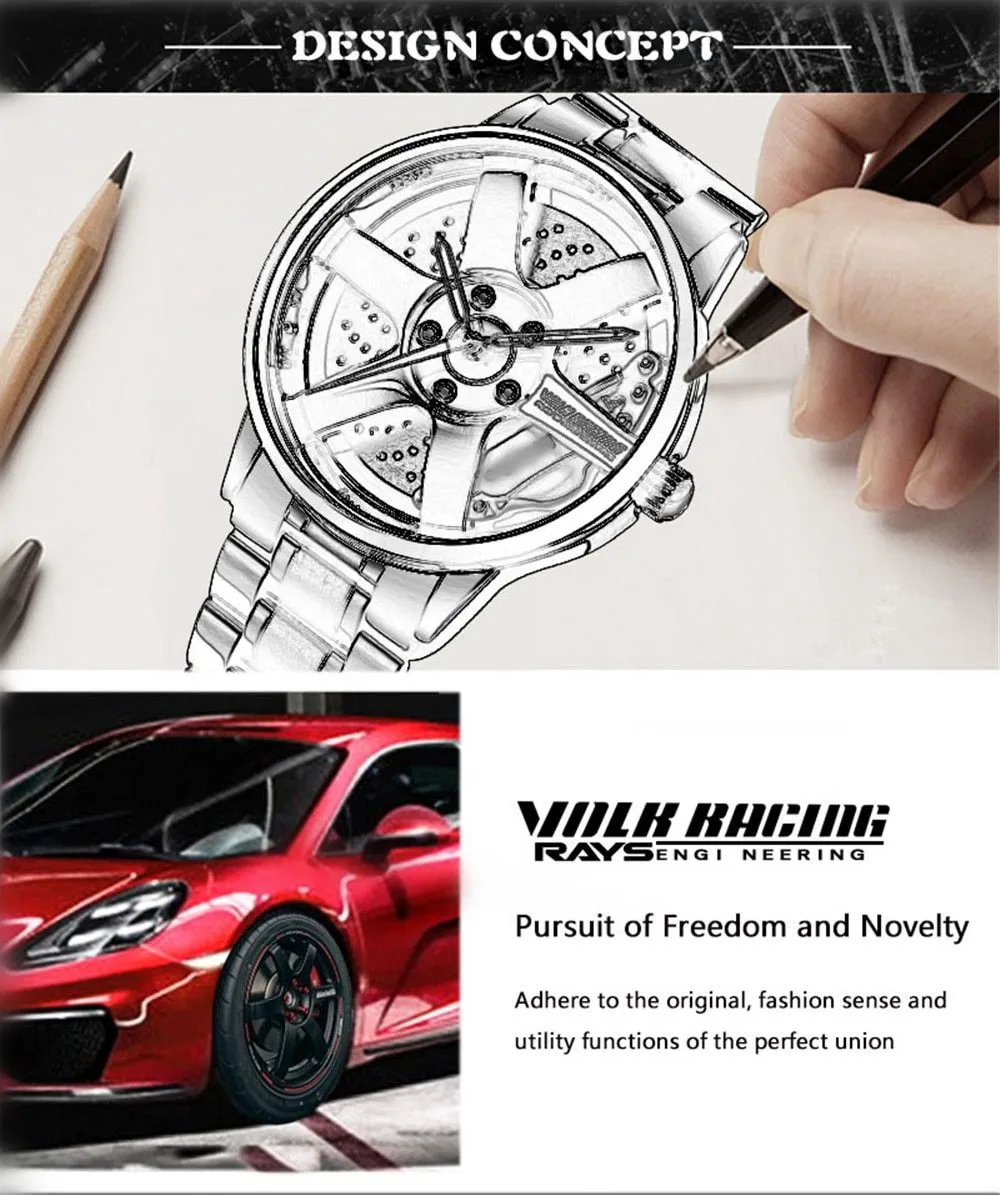 3D Rotation Unique Custom Design Sports Car Wheel Rim Watch for Men