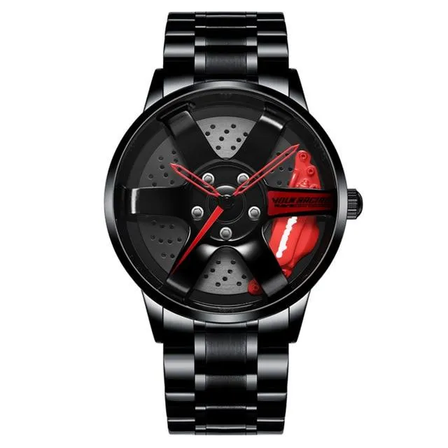 3D Rotation Unique Custom Design Sports Car Wheel Rim Watch for Men