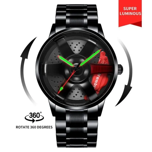 3D Rotation Unique Custom Design Sports Car Wheel Rim Watch for Men