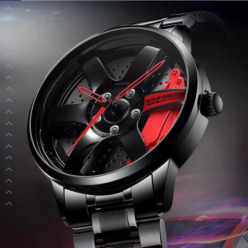 3D Rotation Unique Custom Design Sports Car Wheel Rim Watch for Men