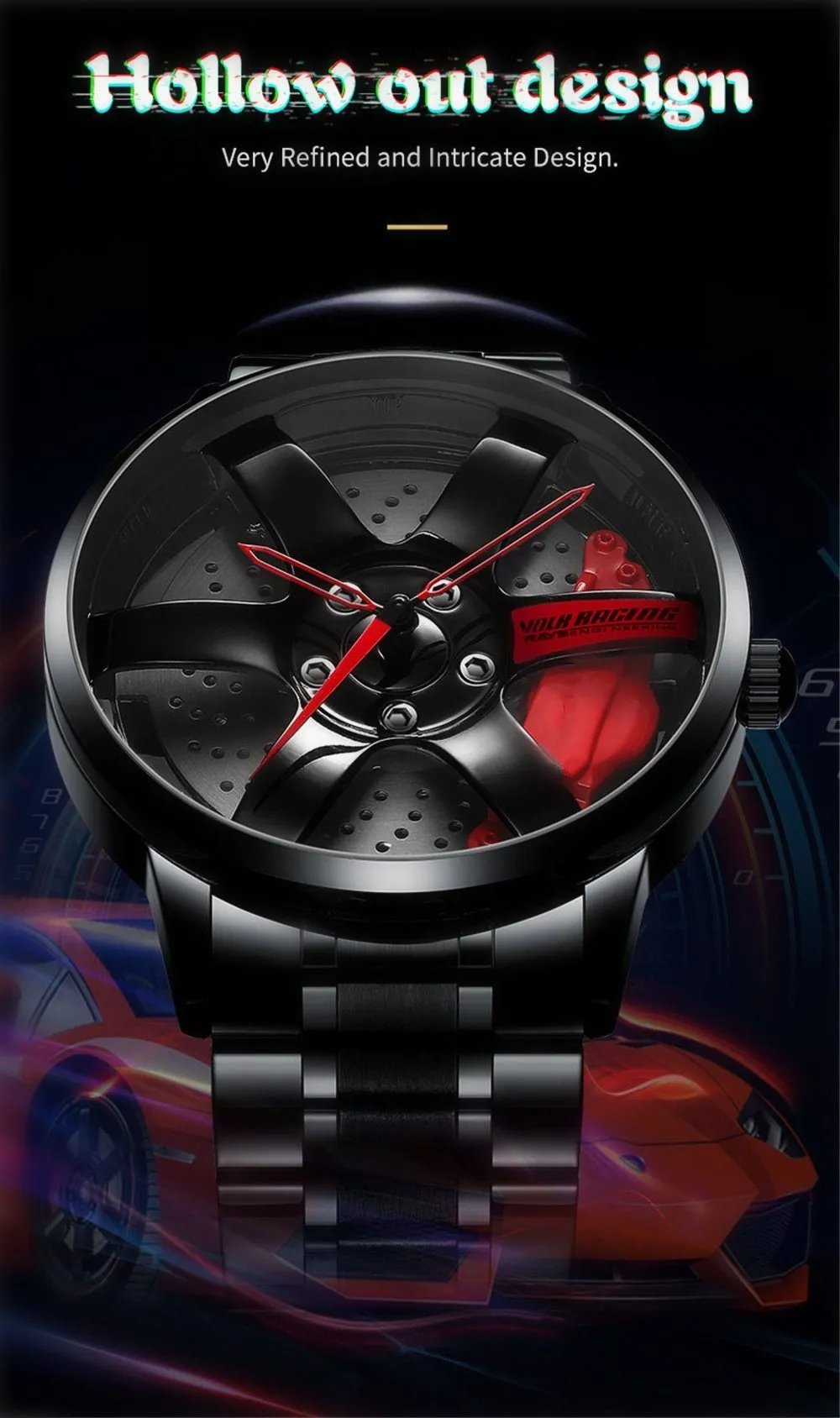 3D Rotation Unique Custom Design Sports Car Wheel Rim Watch for Men