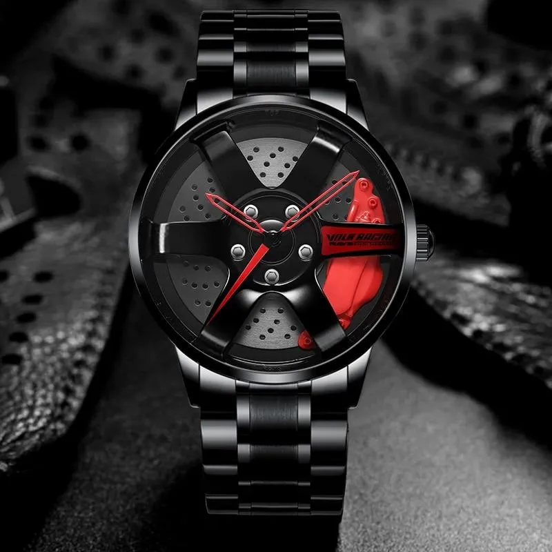 3D Rotation Unique Custom Design Sports Car Wheel Rim Watch for Men