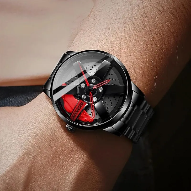 3D Rotation Unique Custom Design Sports Car Wheel Rim Watch for Men