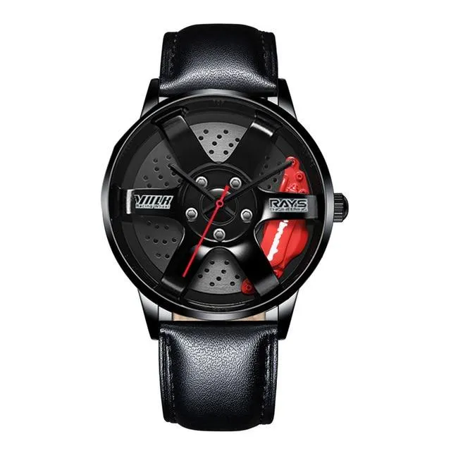 3D Rotation Unique Custom Design Sports Car Wheel Rim Watch for Men