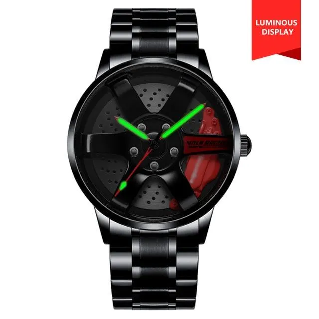 3D Rotation Unique Custom Design Sports Car Wheel Rim Watch for Men