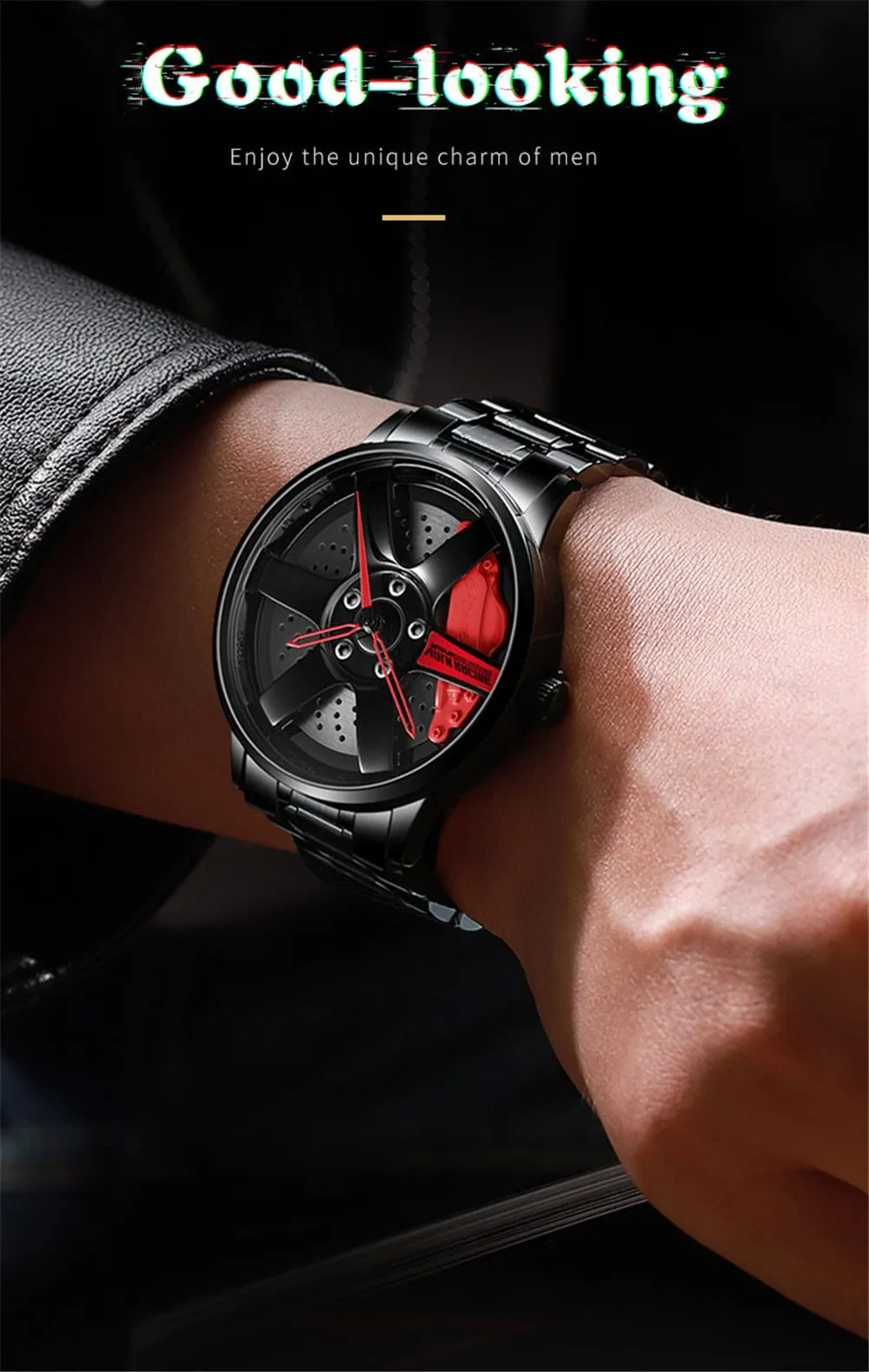 3D Rotation Unique Custom Design Sports Car Wheel Rim Watch for Men