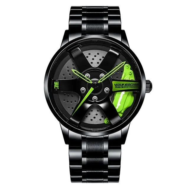 3D Rotation Unique Custom Design Sports Car Wheel Rim Watch for Men