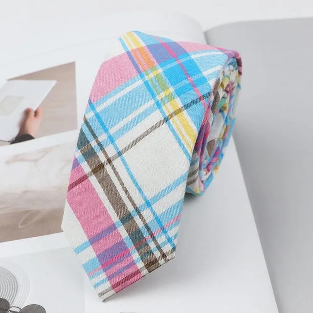 6cm Casual Soft Cotton Striped Plaid Mint Skinny Necktie for Men