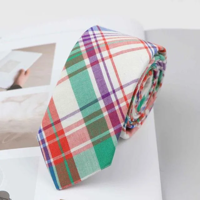 6cm Casual Soft Cotton Striped Plaid Mint Skinny Necktie for Men