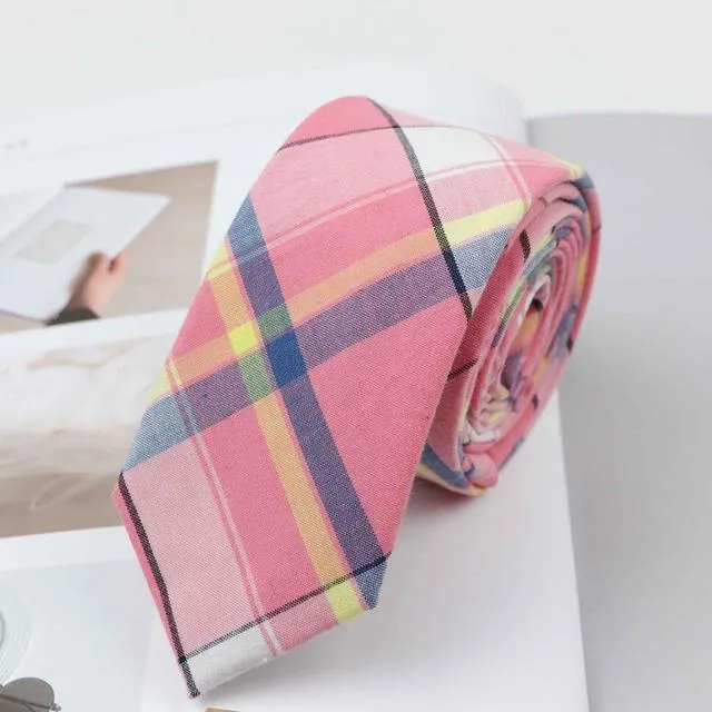 6cm Casual Soft Cotton Striped Plaid Mint Skinny Necktie for Men