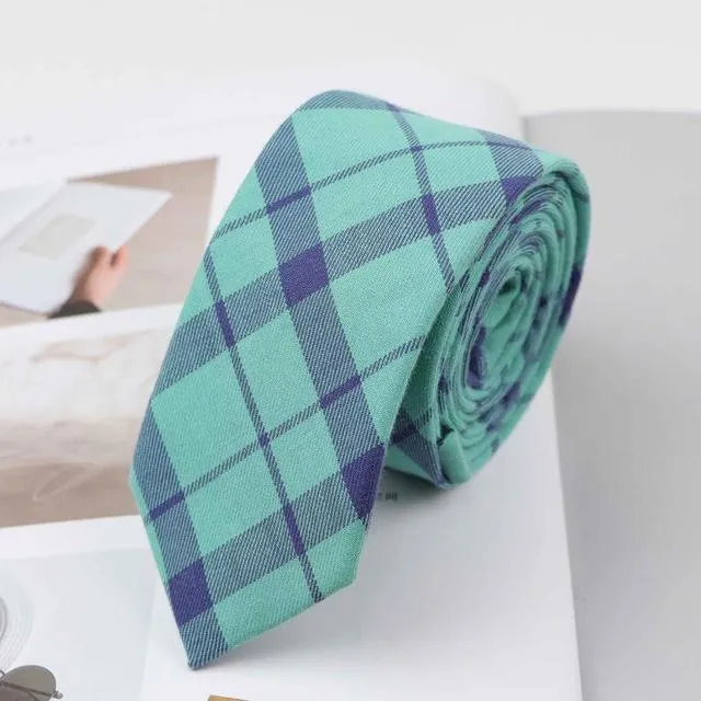 6cm Casual Soft Cotton Striped Plaid Mint Skinny Necktie for Men