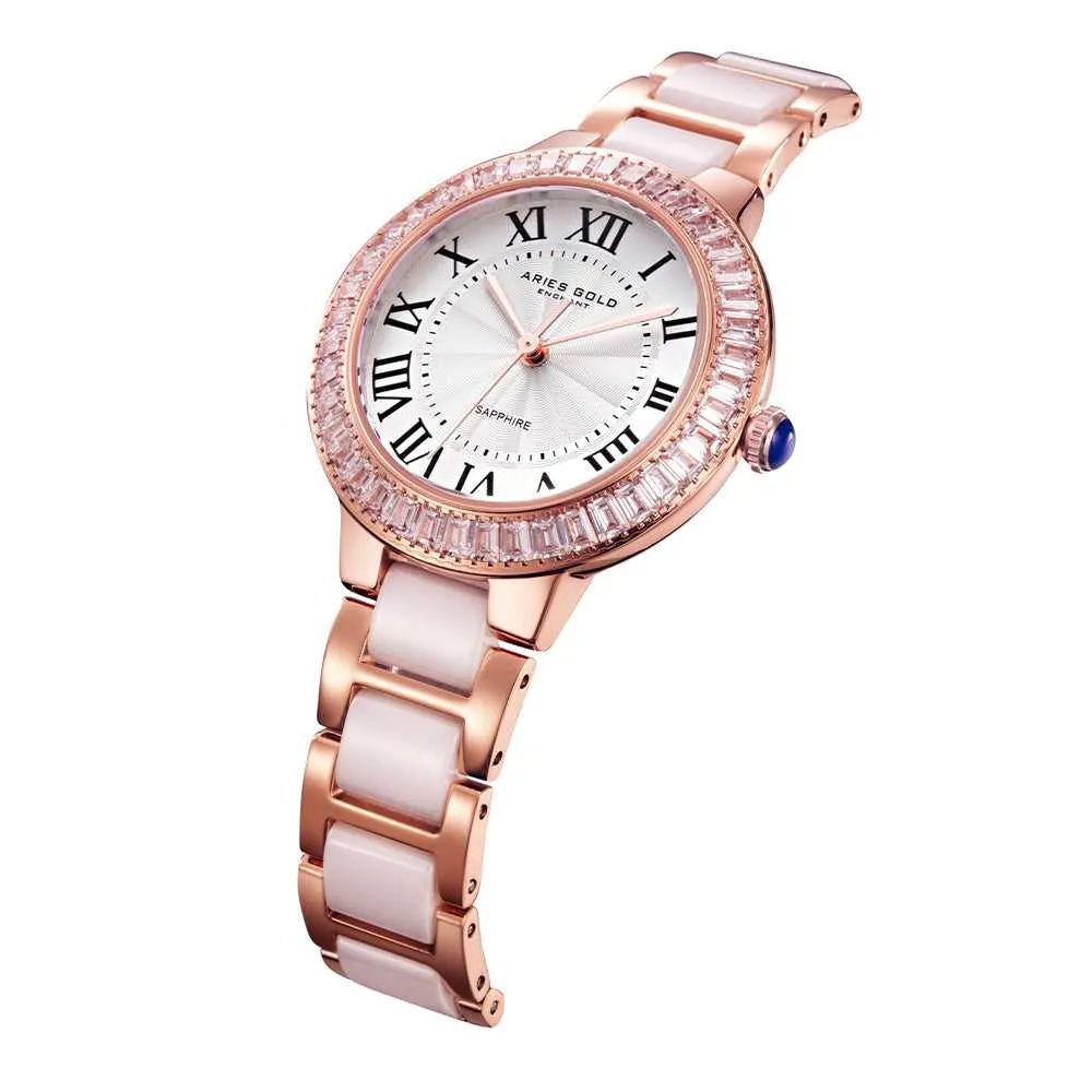 ARIES GOLD ENCHANT CAPELLA ROSE GOLD STAINLESS STEEL L 5015Z RG-W WHITE CERAMIC WOMEN'S WATCH