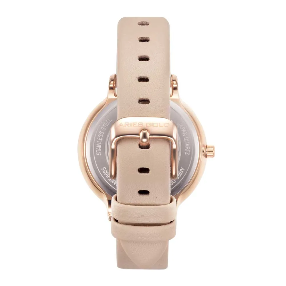 ARIES GOLD ENCHANT FLEUR ROSE GOLD STAINLESS STEEL L 5035 RG-GYFL LEATHER STRAP WOMEN'S WATCH