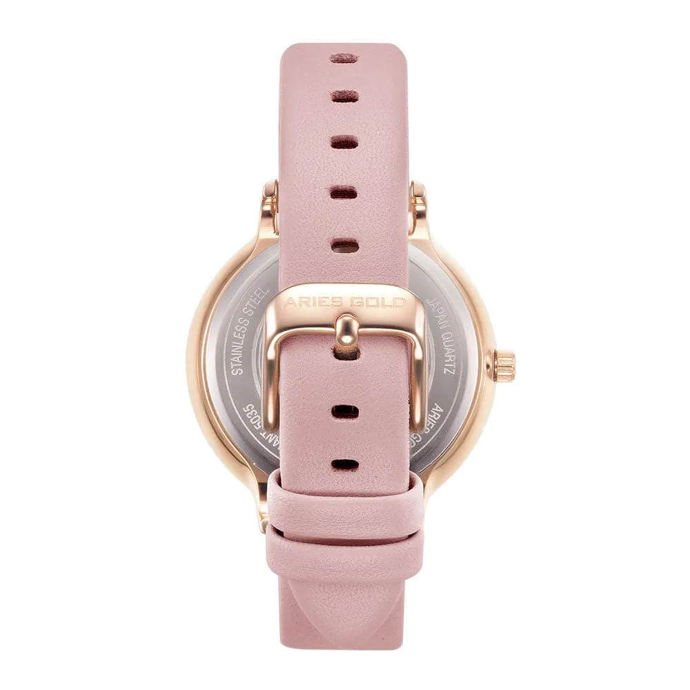 ARIES GOLD ENCHANT FLEUR ROSE GOLD STAINLESS STEEL L 5035A RG-PUFL PINK LEATHER STRAP WOMEN'S WATCH