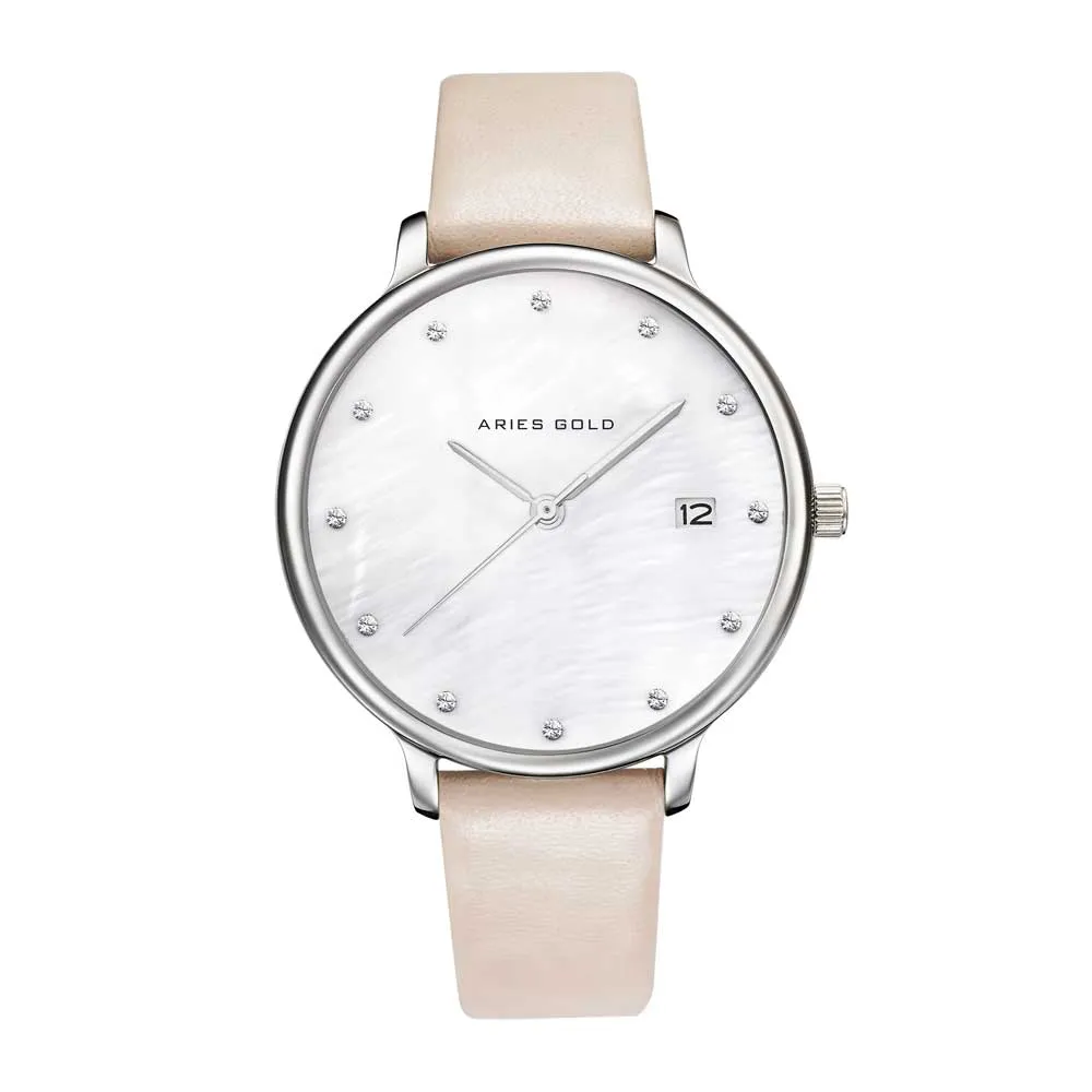 ARIES GOLD ENCHANT FLEUR SILVER STAINLESS STEEL L 5035 S-MP LEATHER STRAP WOMEN'S WATCH