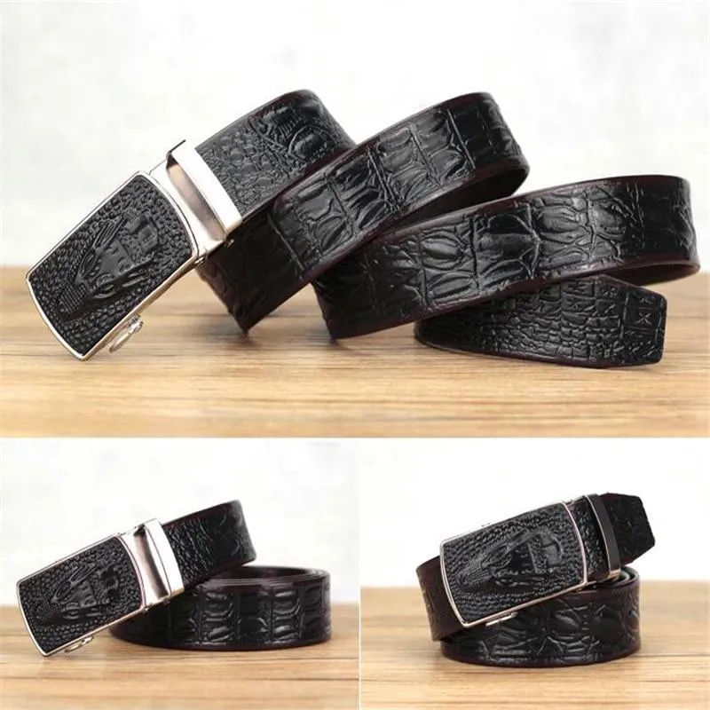 Automatic Buckle Crocodile Leather Textured Pattern Belt for Men