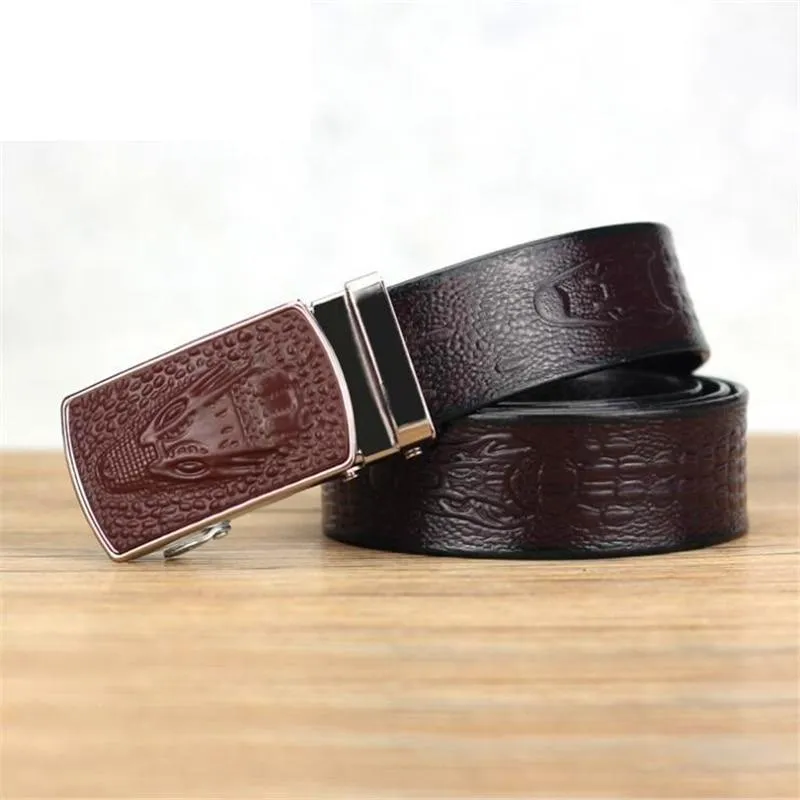 Automatic Buckle Crocodile Leather Textured Pattern Belt for Men