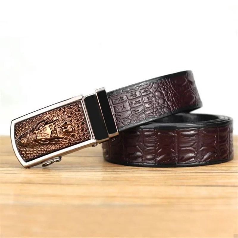 Automatic Buckle Crocodile Leather Textured Pattern Belt for Men