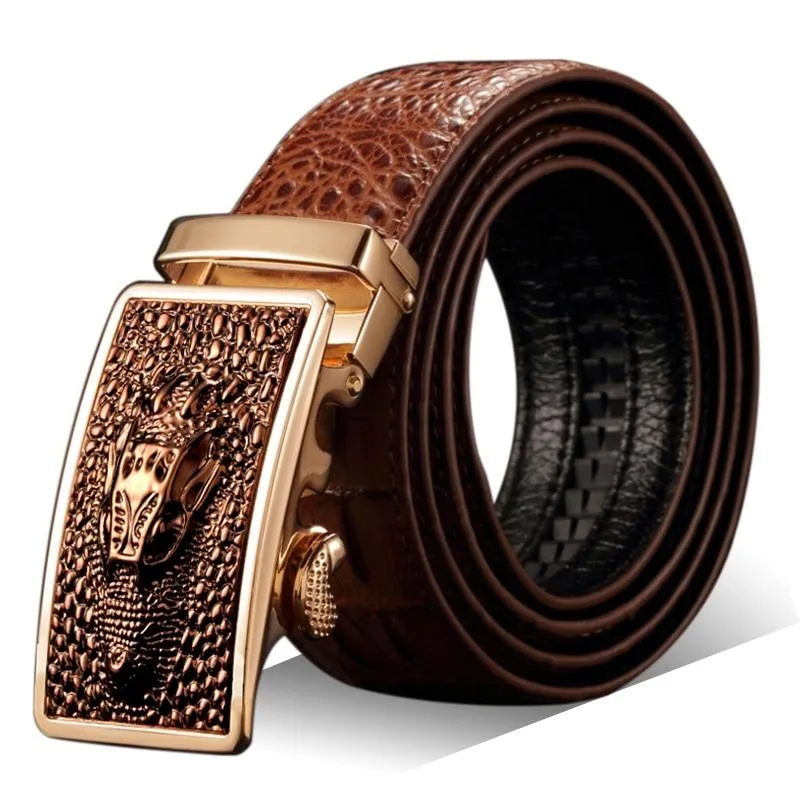 Automatic Buckle Crocodile Leather Textured Pattern Belt for Men