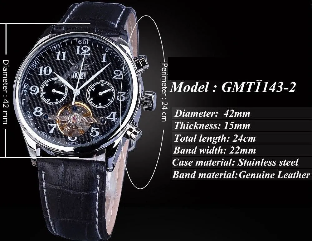 Automatic Mechanical Black Leather Strap Men's Watches with Calendar