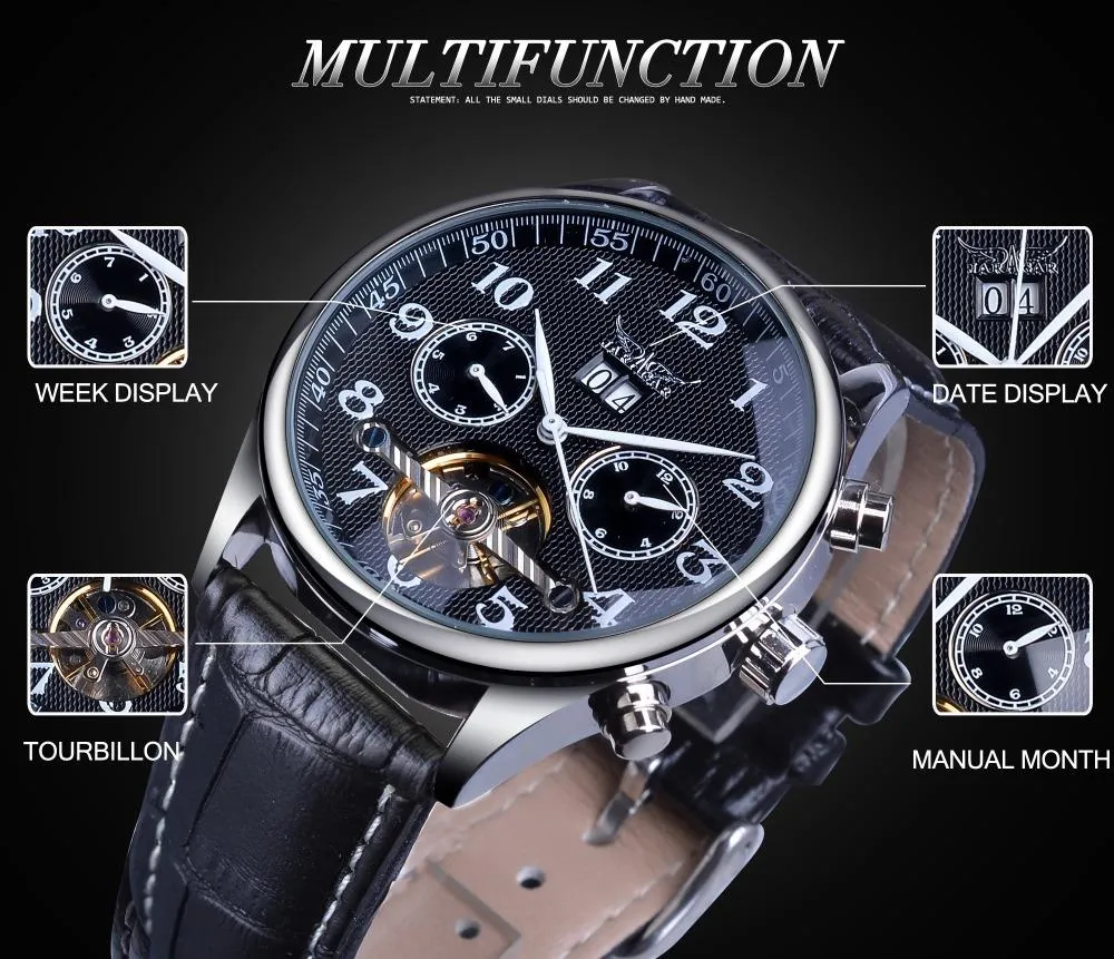 Automatic Mechanical Black Leather Strap Men's Watches with Calendar