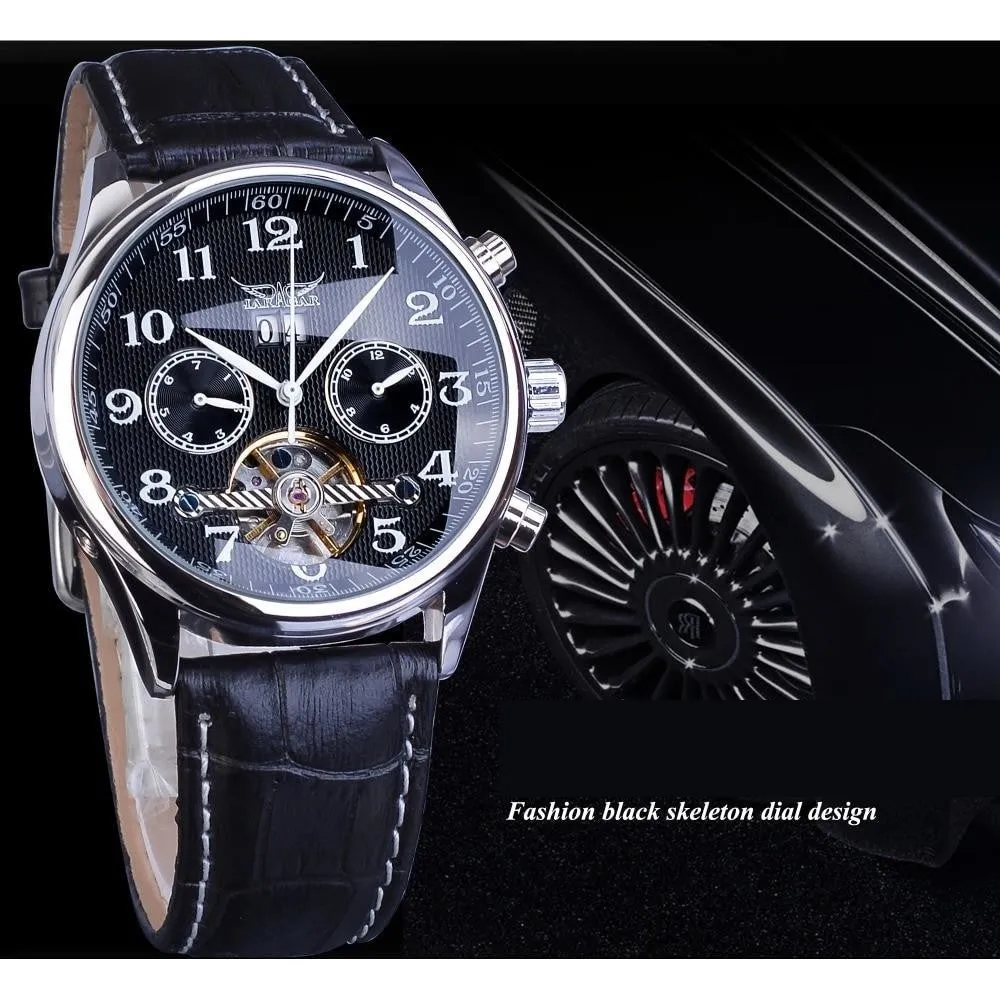 Automatic Mechanical Black Leather Strap Men's Watches with Calendar