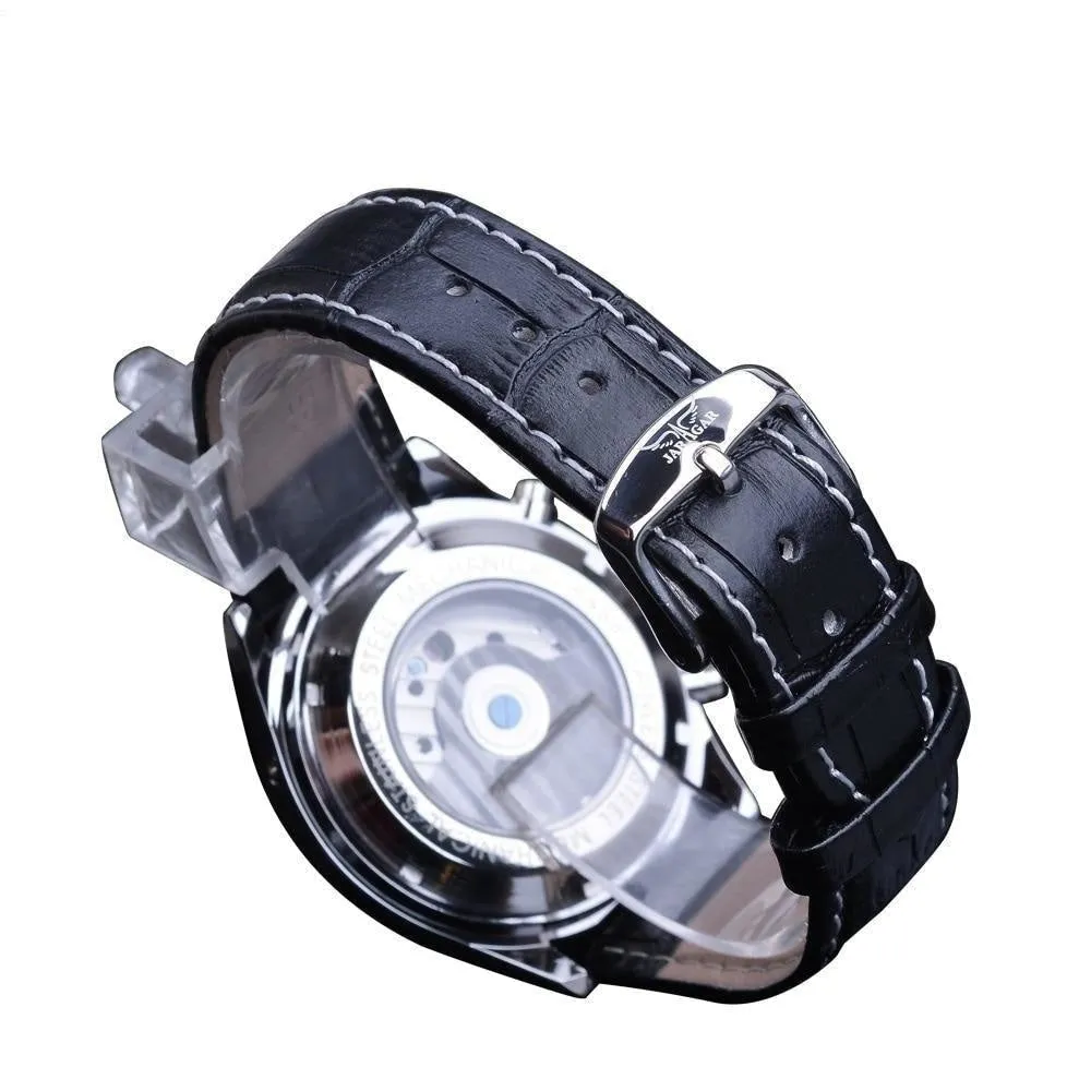 Automatic Mechanical Black Leather Strap Men's Watches with Calendar