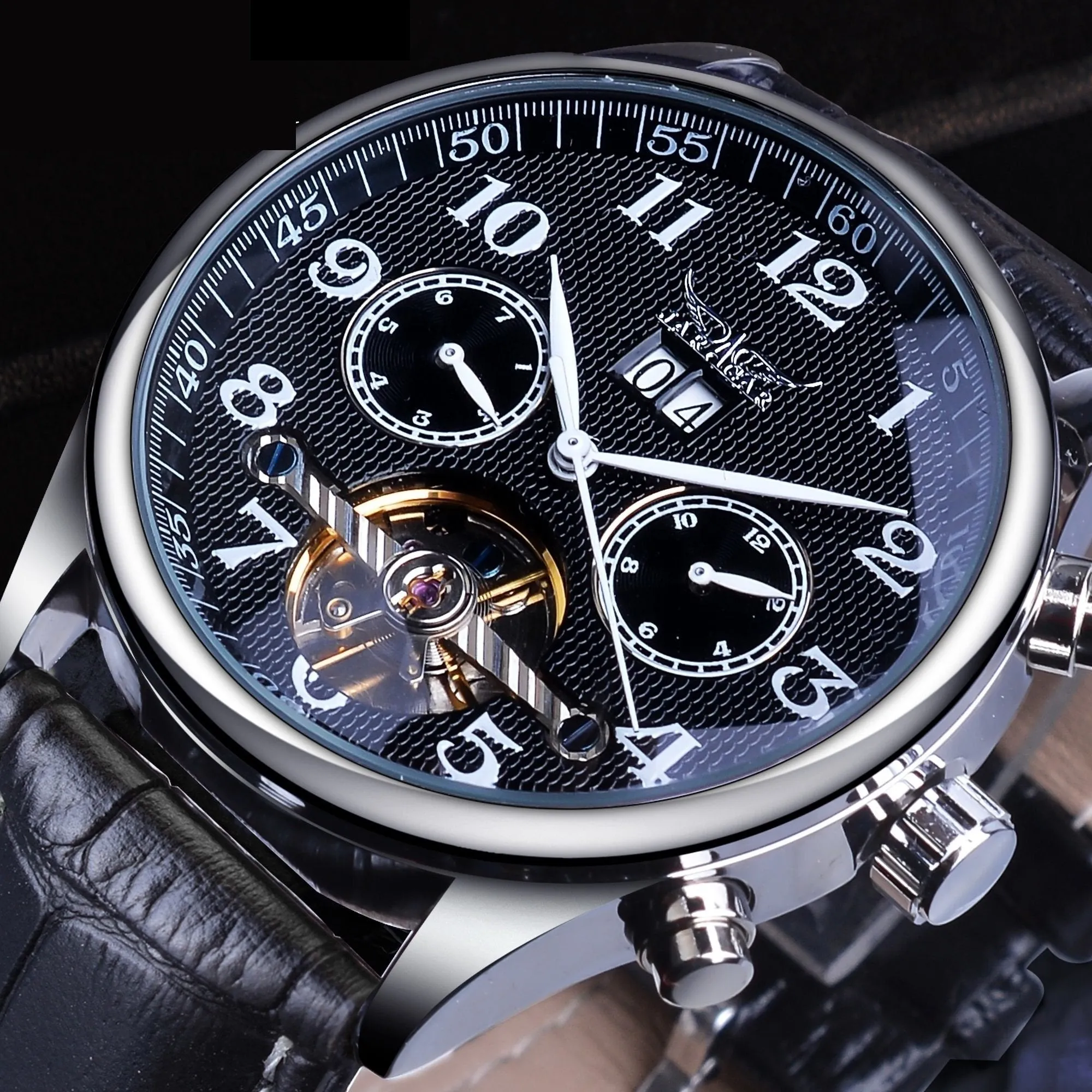 Automatic Mechanical Black Leather Strap Men's Watches with Calendar