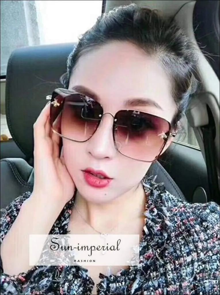 Brown Luxury Square Bee Sunglasses Women Vintage Metal Frame Oversized Sun Glasses Female Gradient