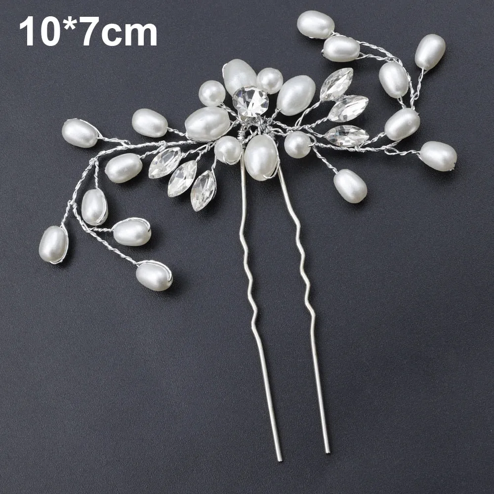 Crystal Pearl Bridal Tiaras Hairbands Hairpins Bridesmaid Diamante Hair Vine Accessories Wedding Jewelry 35cm Headwear