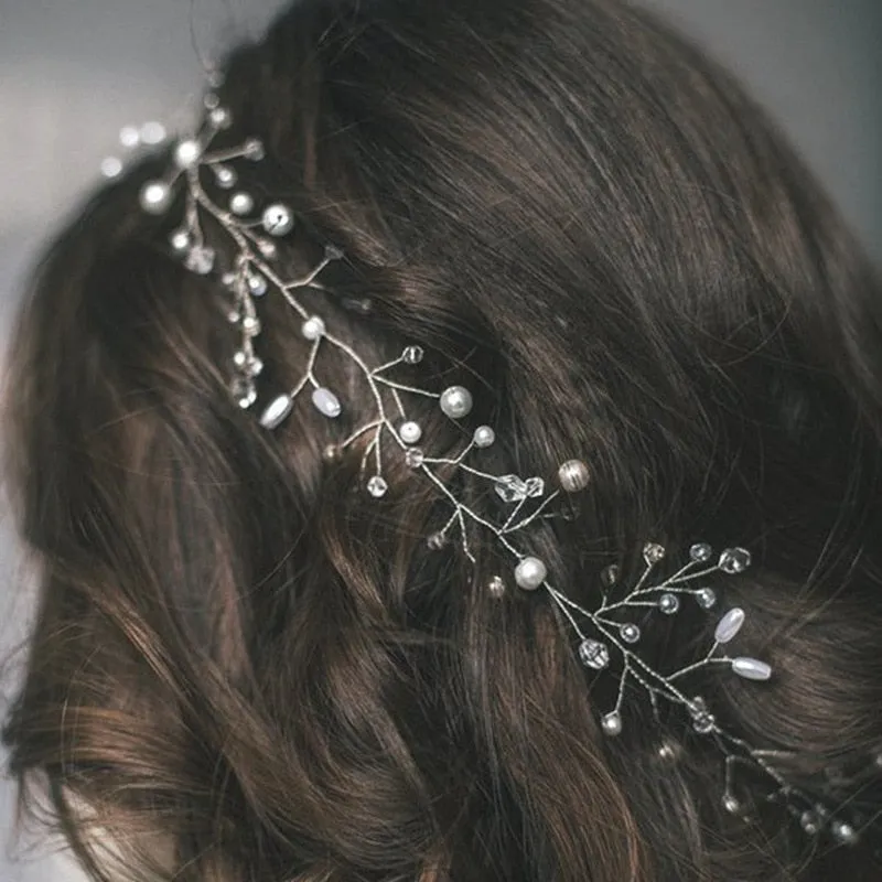 Crystal Pearl Bridal Tiaras Hairbands Hairpins Bridesmaid Diamante Hair Vine Accessories Wedding Jewelry 35cm Headwear