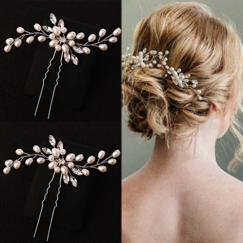 Crystal Pearl Bridal Tiaras Hairbands Hairpins Bridesmaid Diamante Hair Vine Accessories Wedding Jewelry 35cm Headwear