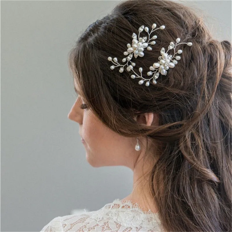 Crystal Pearl Bridal Tiaras Hairbands Hairpins Bridesmaid Diamante Hair Vine Accessories Wedding Jewelry 35cm Headwear