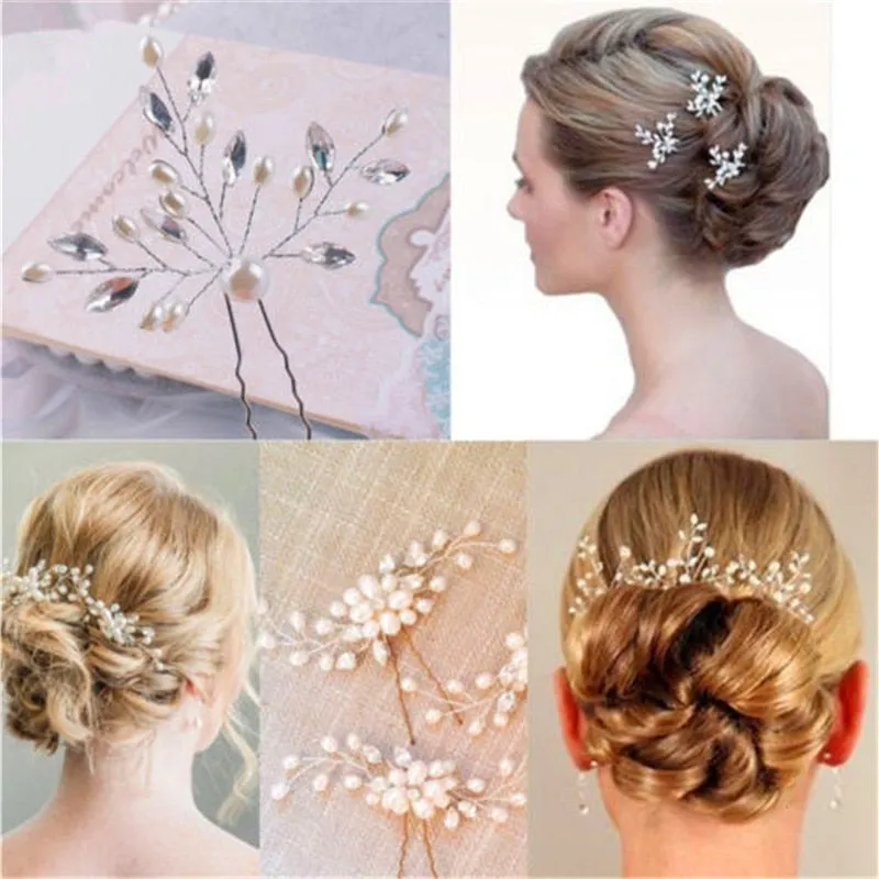 Crystal Pearl Bridal Tiaras Hairbands Hairpins Bridesmaid Diamante Hair Vine Accessories Wedding Jewelry 35cm Headwear