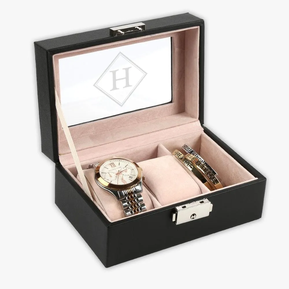 Custom Diamond Initial 3-slot Small Black Leather Watch Case