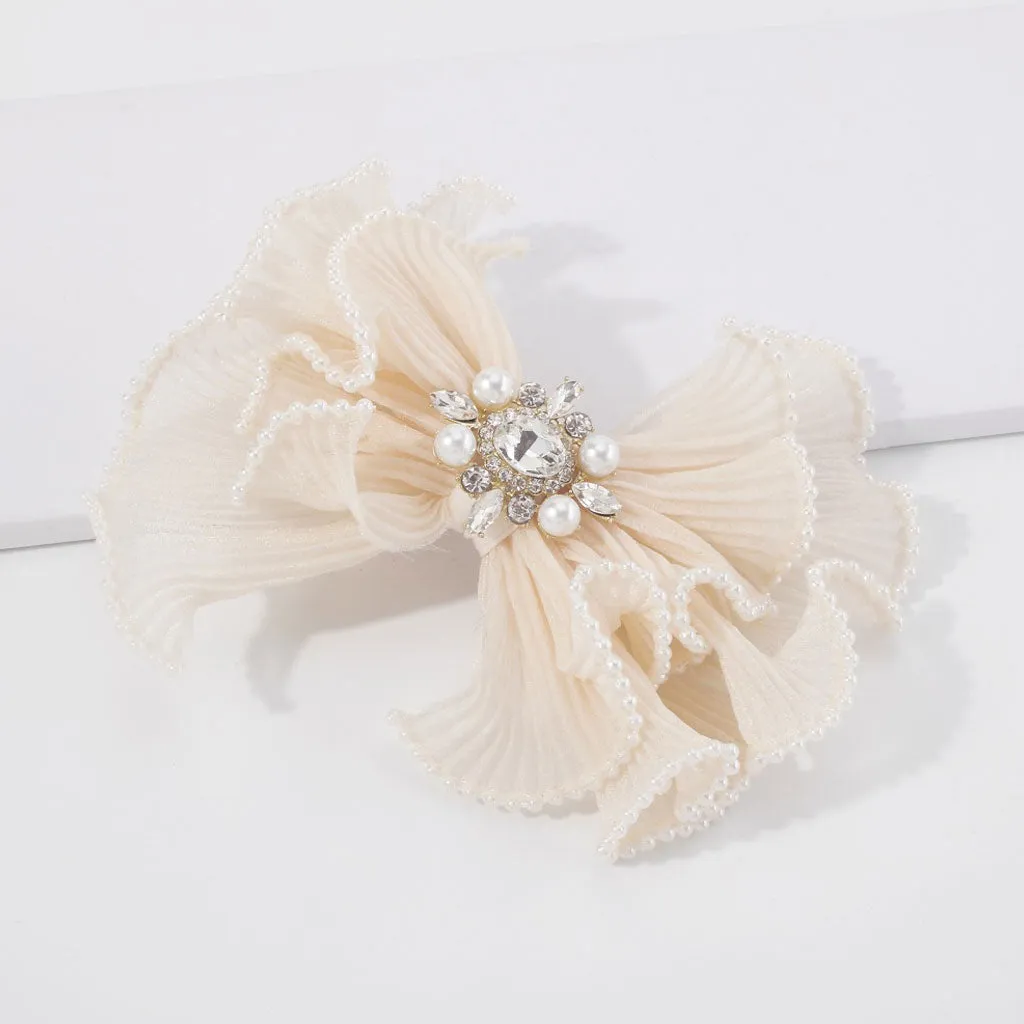 Elegant Pearl Embellished Rhinestone Charm Organza Bowknot Hairpin - Beige