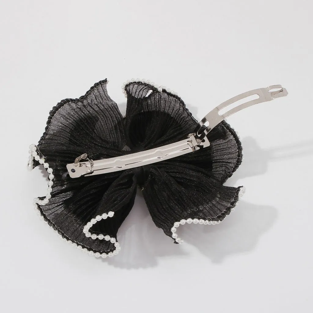 Elegant Pearl Embellished Rhinestone Charm Organza Bowknot Hairpin - Black