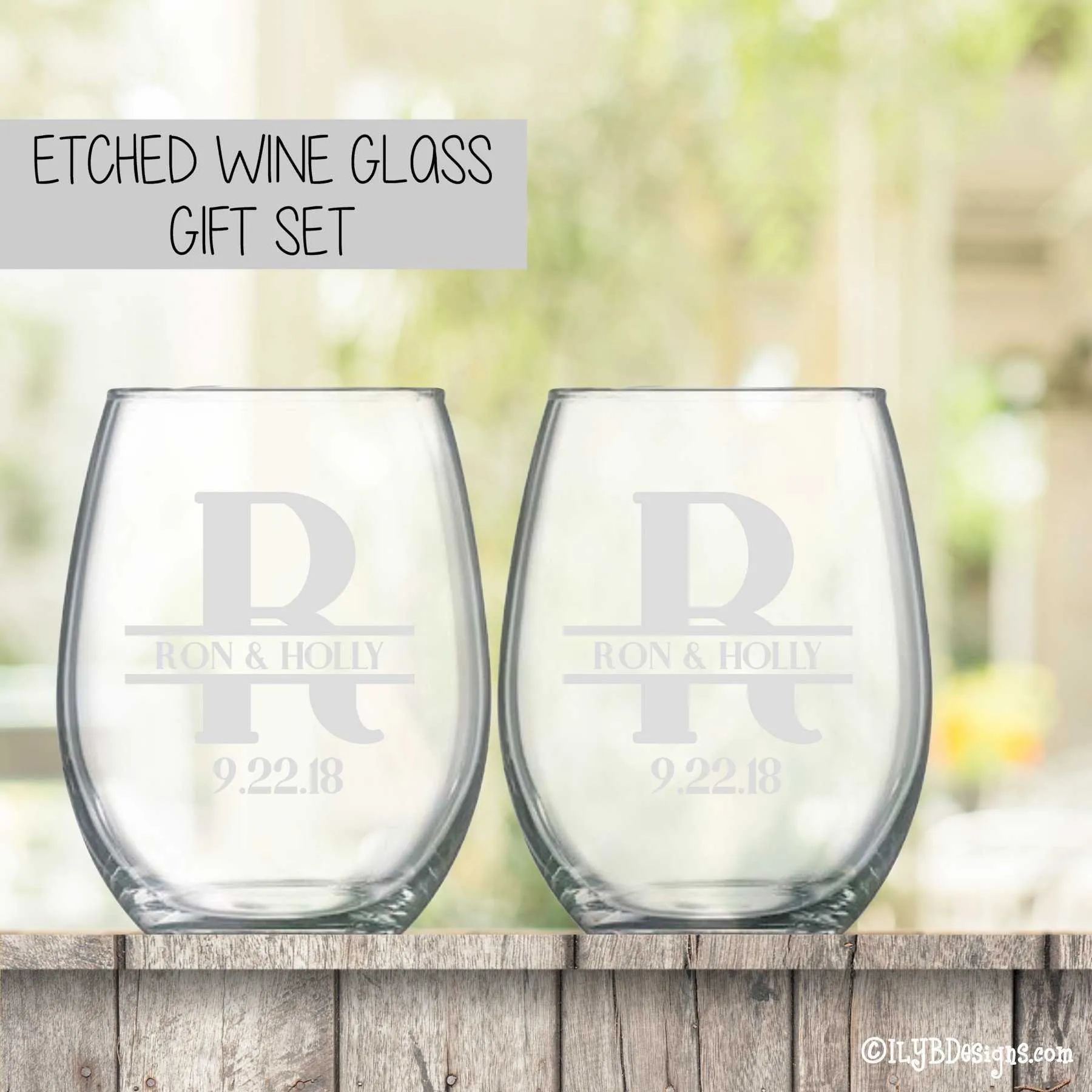 Etched Wine Glasses Set  -  Initial & Names with Wedding Date