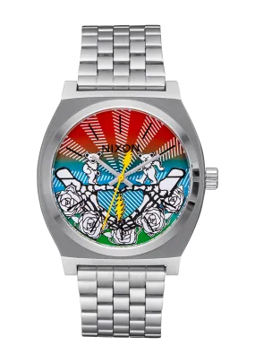 Grateful Dead-Inspired Silver Watch with Bear and Rose Motifs