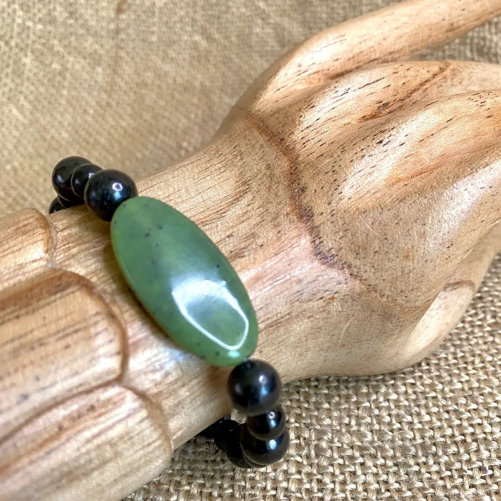 Shungite Bracelet With Large Oval Green Jade Focal Bead